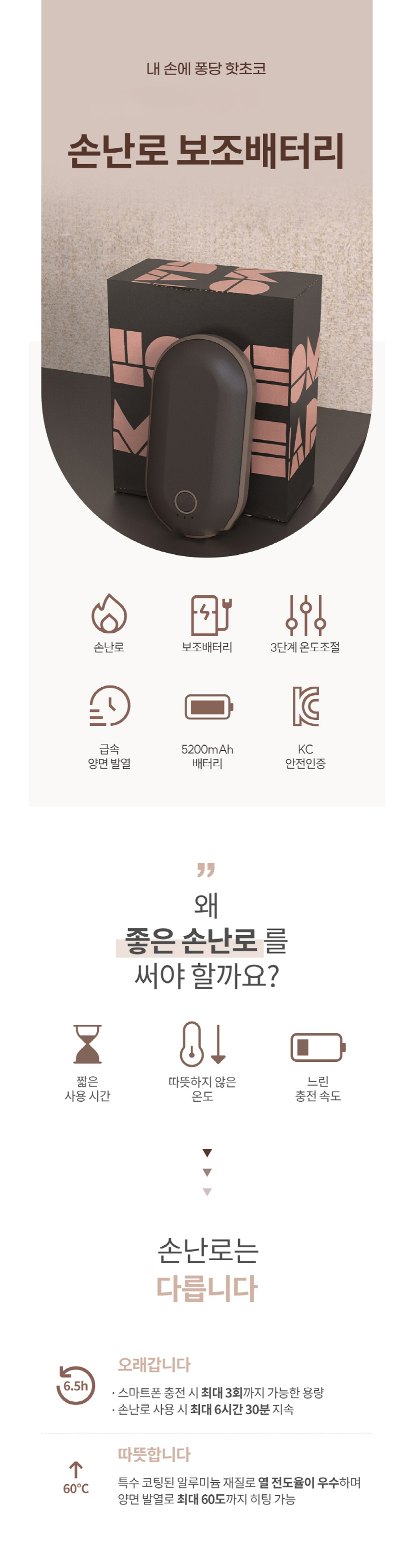 더카인드 USB 충전식 손난로 보조배터리판촉 DCU 5200mAh 상세이미지